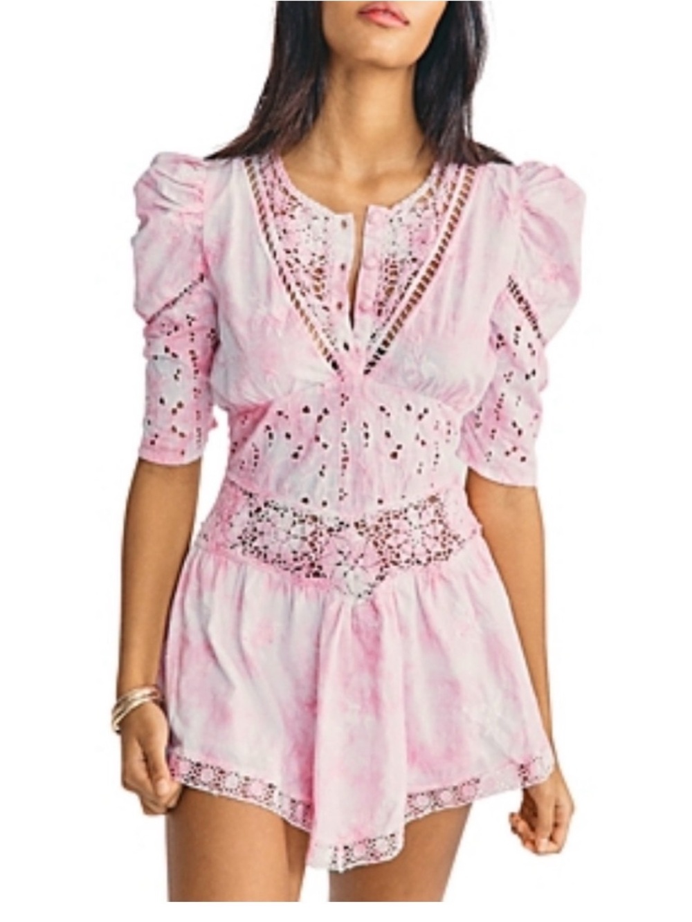 LoveShackFancy Pale Pink Crochet Button Front Top